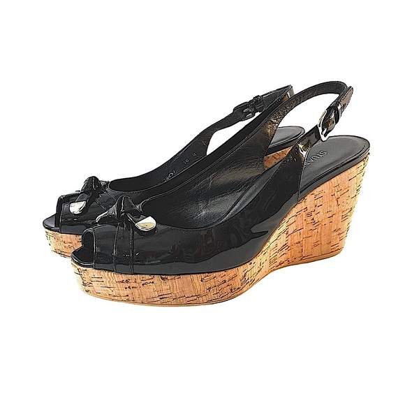 Stuart Weitzman Patent Leather Cork Wedge Bodajean Bow Slingback Heel Open Toe S - Picture 4 of 13